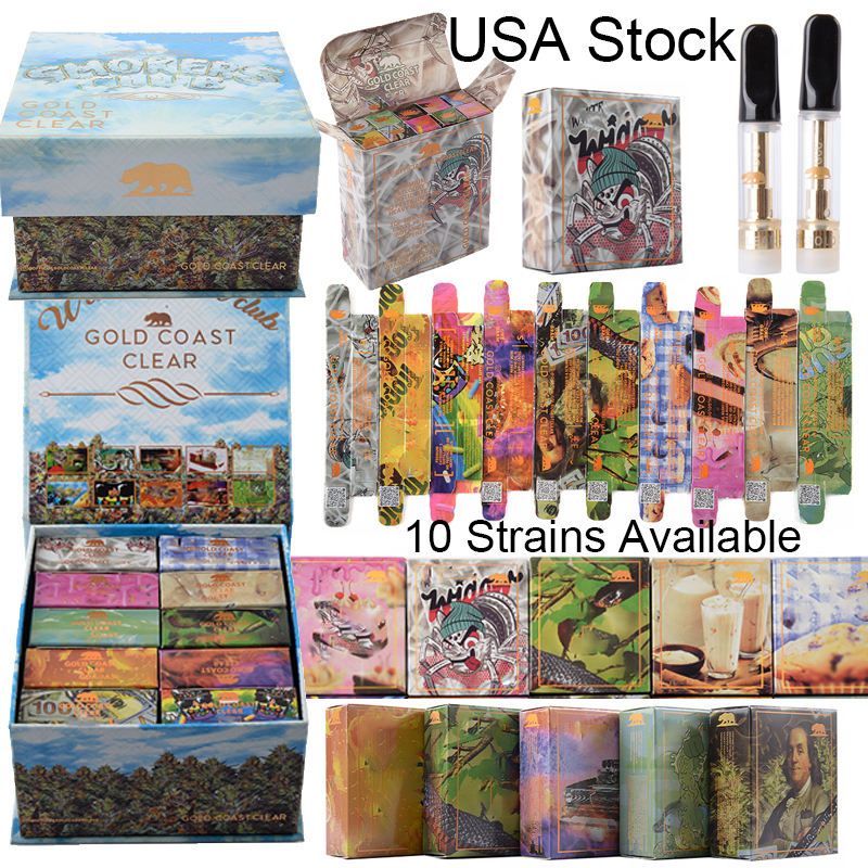 

USA Stock GCC Atomizers GOLD COAST CLEAR Empty Vape Cartridge Smoker Club Edition Packaging 0.8ml 1.0ml Carts Glass Tank Thick Oil Wax Carts E Cigarettes 510 Thread