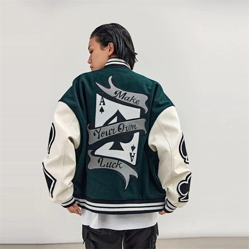 

Men's Jackets Spring and Autumn Poker Embroidered Baseball Jacket Leather Sleeve Men and Women Couples American Street Loose 220829