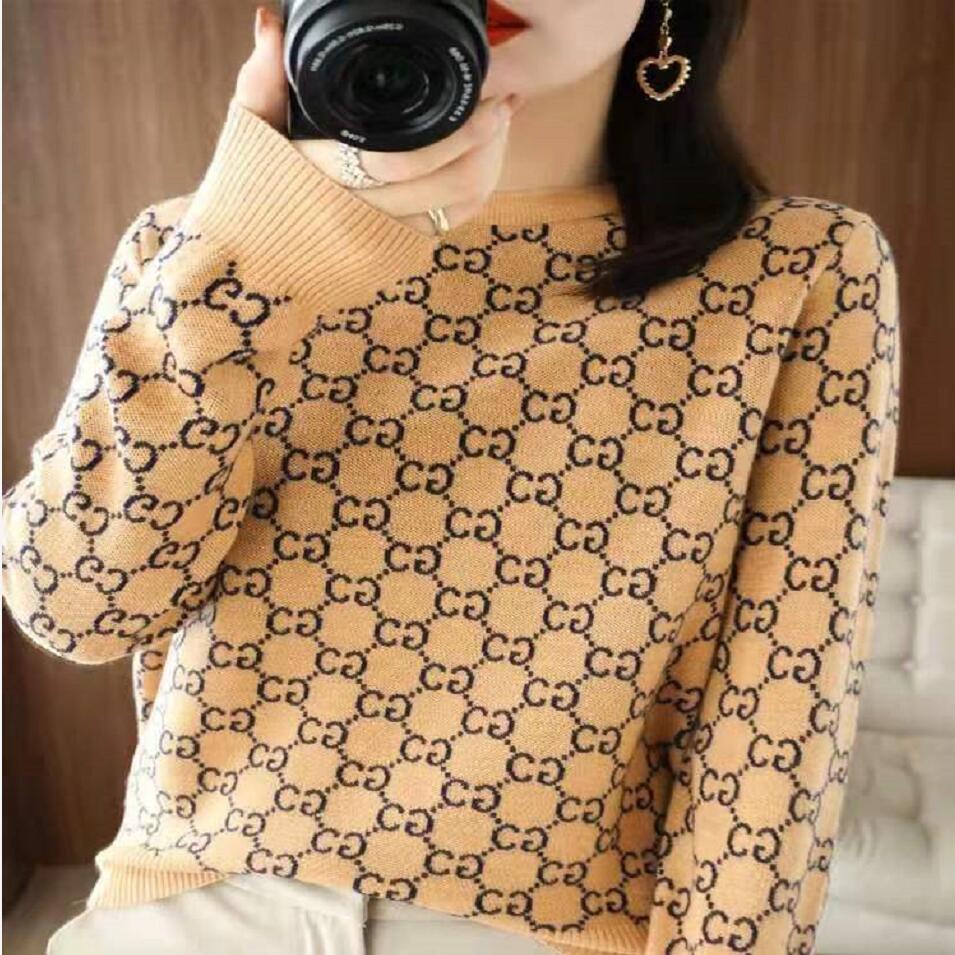 

2022G Women Sweater Top Long Sleeves G High Neck Vintage Female Knitted Sweaters Pullover Chic Tops, White
