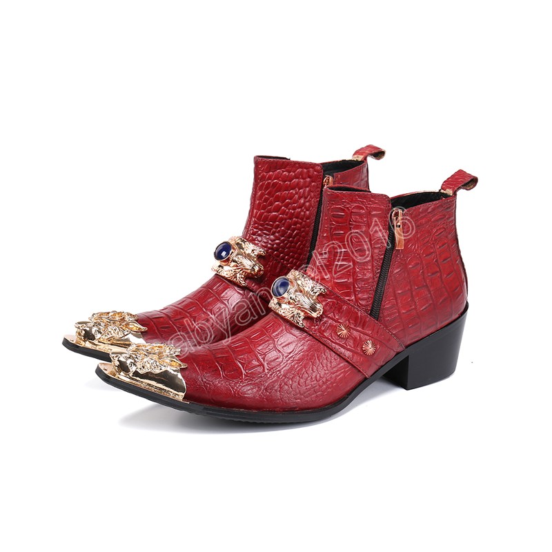 

Fashion Metal Pointed Toe Men Genuine Leather Boots Red Party Celebration Ankle Boots Male Formal Dress Shoes, As picture