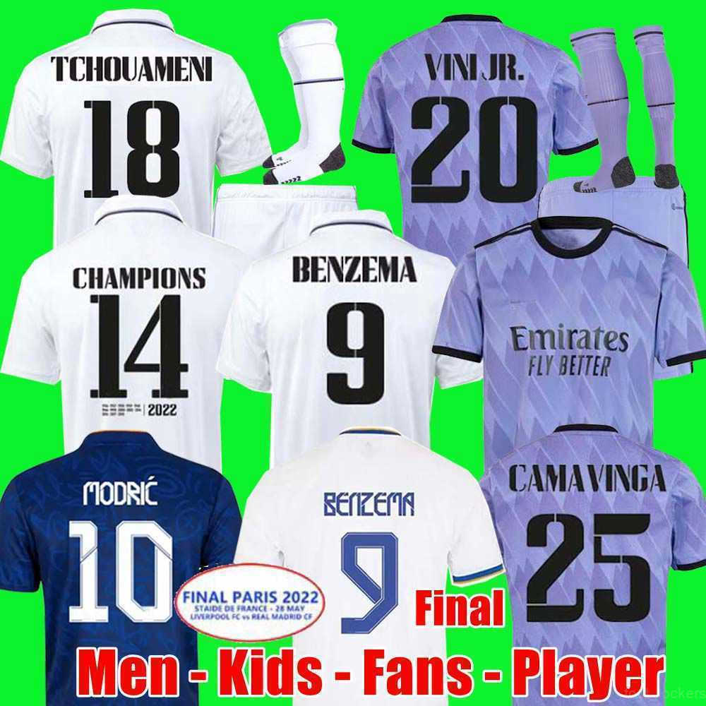 2023 Benzema Finals Soccer Jersey 21 22 23 Kirt de football Real Madrids Camavinga Alaba Modric Valverde Rudiger Camiseta Men Kids 2022