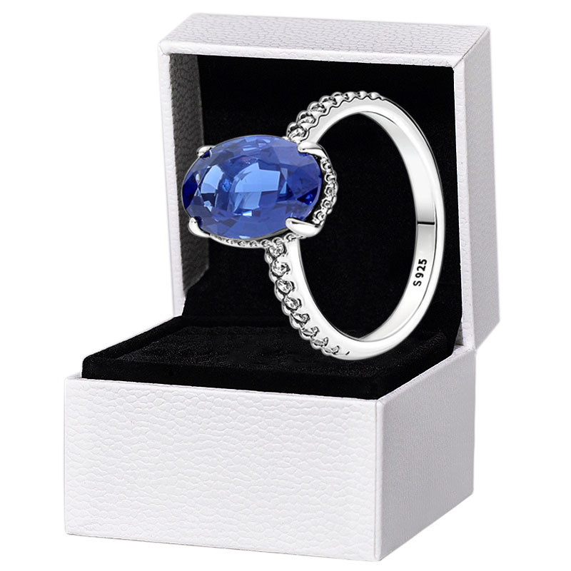 

NEW Sparkling Statement Halo Ring Women 925 Sterling Silver Blue gemstone Wedding designer Jewelry For Pandora CZ diamond Rings Set with Original Box