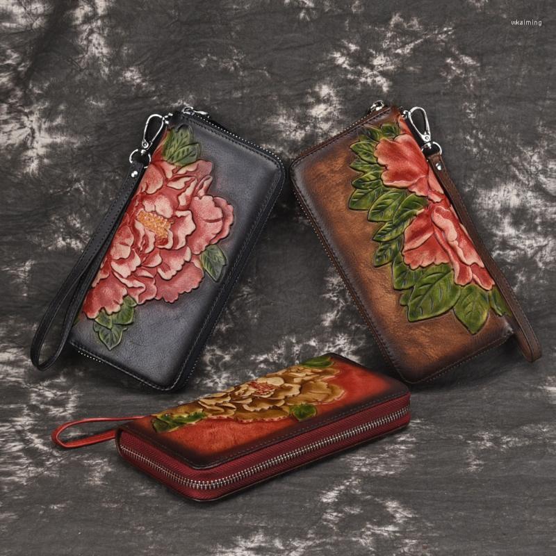 

Wallets 2022 Genuine Leather Women Wallet Casual Style Purse High Quality Long Charming Peony Flower Prints Clutch Bag, Black
