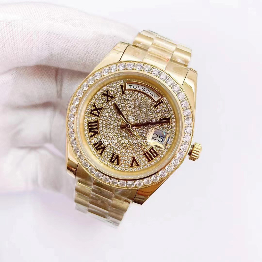 

Men's Watches Manual Diamond Setting Design Men Automatic Mechanical Watch Double Calendar Display Rose Gold Stainless steel Waterproof Bracelet 41mm Wristwatch, Carton