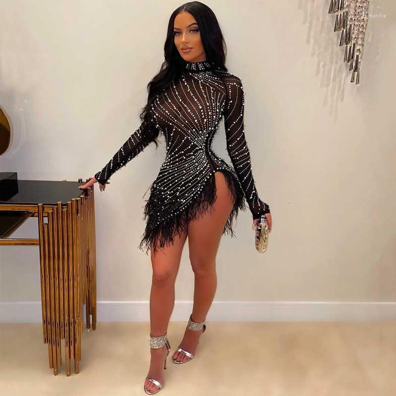 

Casual Dresses WUHE Tassel Feather Dimoand Sheer Mesh Party Dress Pearls Women Glam Night Sparkle Rhinestone Fringed Birthday Outfits, Pink