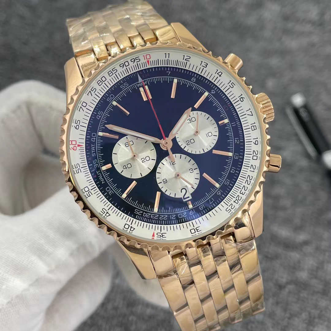 

B01 46MM New Quality Navitimer Watch Chronograph Quartz Movement Yellow Gold Case Black Dial 50TH ANNIVERSARY Men Watch Stainless Strap Mens