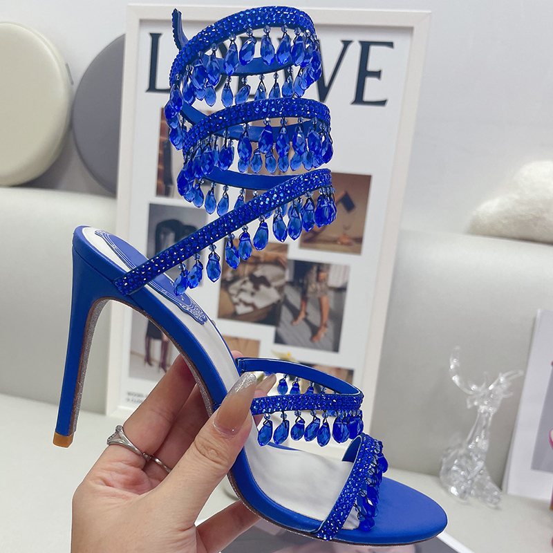 

Blue stiletto sandals luxury designer Rene Caovilla light Pendant crystal rhinestone wrapped foot ring shoes Top quality 9.5CM High Heeled gorgeous Sandal 35-43, Pink