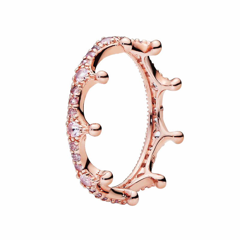 

Pink Sparkling Crown Ring Womens Rose gold Wedding Party Jewelry For pandora 925 Sterling Silver Yellow Gold plated girlfriend Gift Rings with Original Box