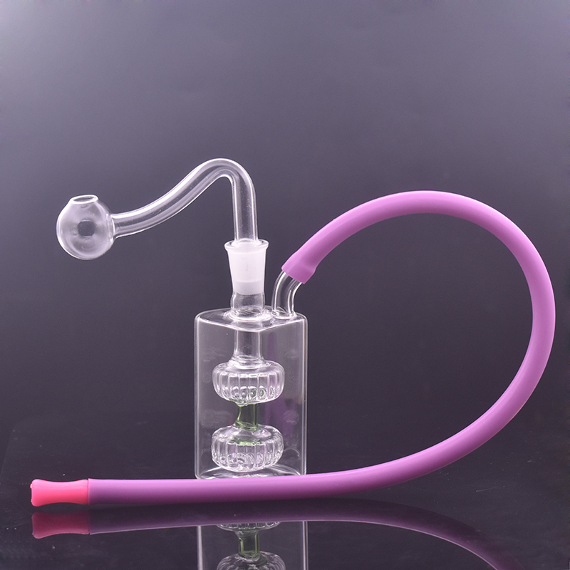 

Mini Smoking Pipe Tool 10mm Joint Glass Oil Burner Bong Water Pipes Thick Pyrex Recycler Dab Rig Bongs with Male Oil Burner Pipe and Color Hose 2pcs