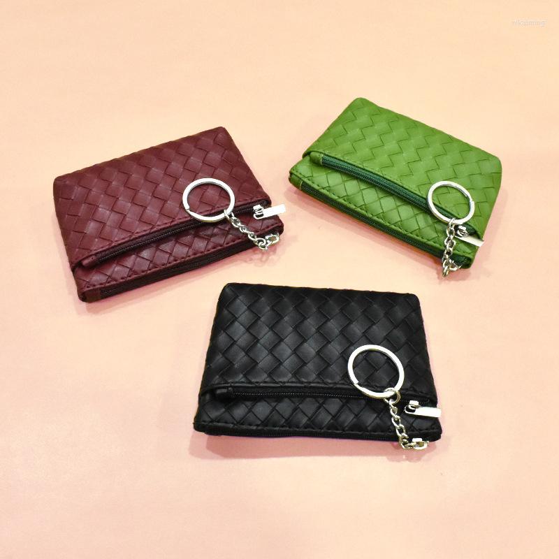 

Wallets Woven Pattern Women's Coin Purse Change Key Bag Wallet Earphone Organizer Simple Small Zipper Purses With Keychain, Black