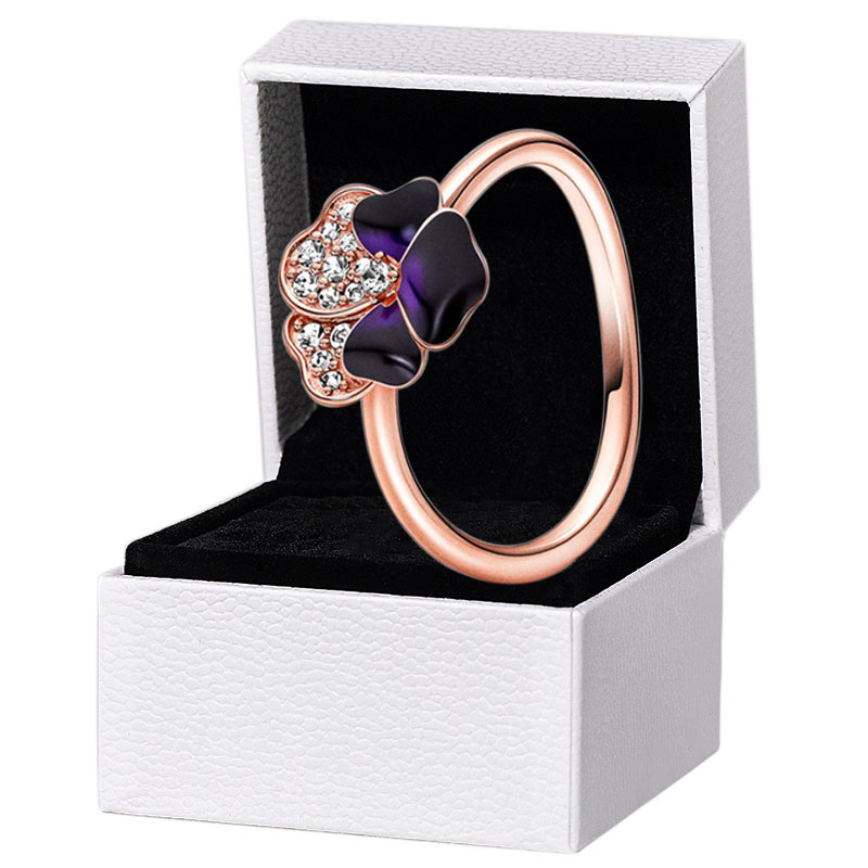 

NEW Deep Purple Pansy Flower Ring Rose Gold plated Women Girls Wedding designer Jewelry For pandora 925 Silver CZ diamond Love Ring with Original Box