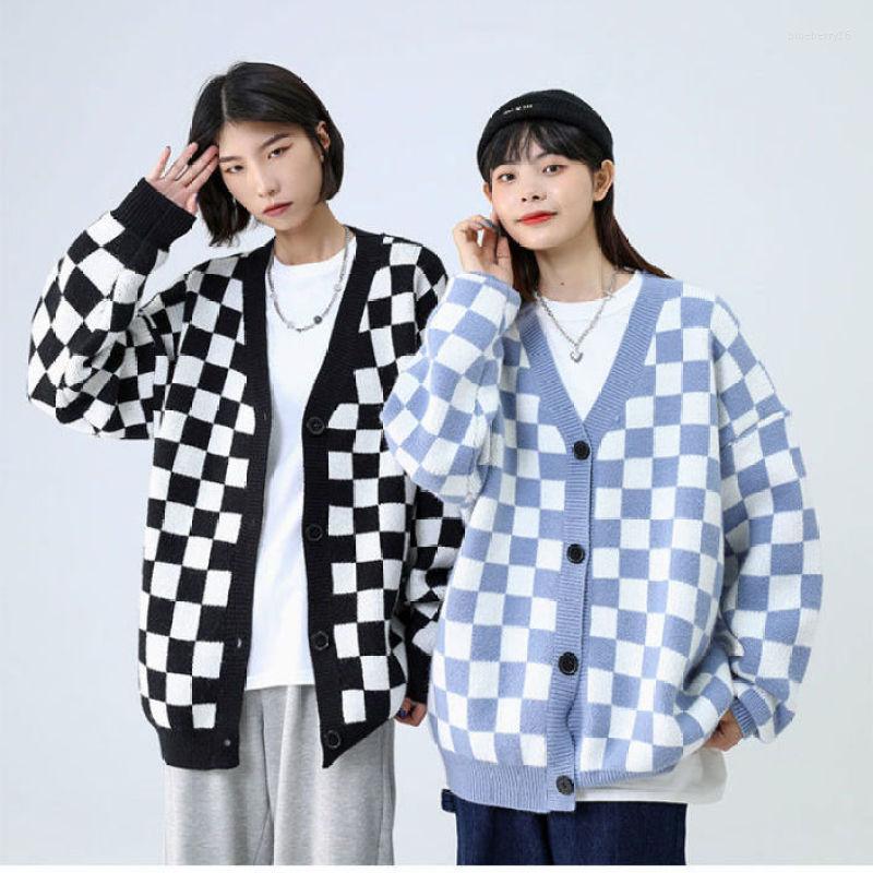 

Men' Sweaters Men' Autumn Checkerboard Plaid Knitted Sweater Y2k Long Sleeve V-neck Cardigan Loose All-match High-end Knitwear Coat, Black