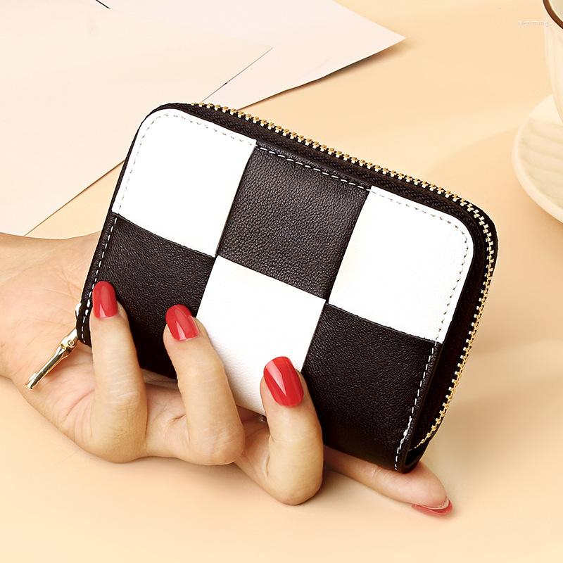 

Card Holders Fashion Genuine Leather Sheepskin Patchwork Organ Cards Knitting Money Clips Womens Purses Wallets, Black