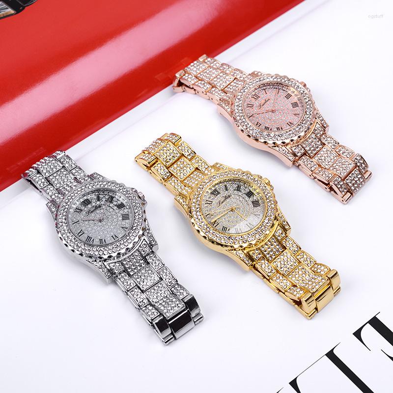 

Wristwatches Fashion Women Quartz Wrist Watch Silver Stainless Steel Date Womens Wristwatch Hip Hop Crystal Drop XFCS, Gold