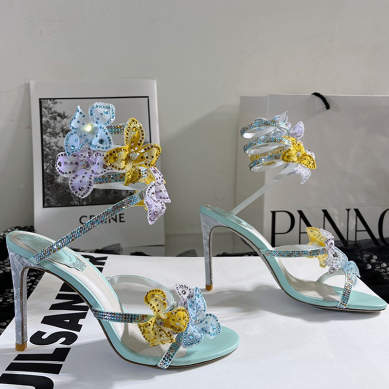 

Sandals Fashion flower for women Rene caovilla Serpentine Narrow Band high heeled shoe designers Crystal Rhinestone decoration stiletto heel, 4.5cm sky blue