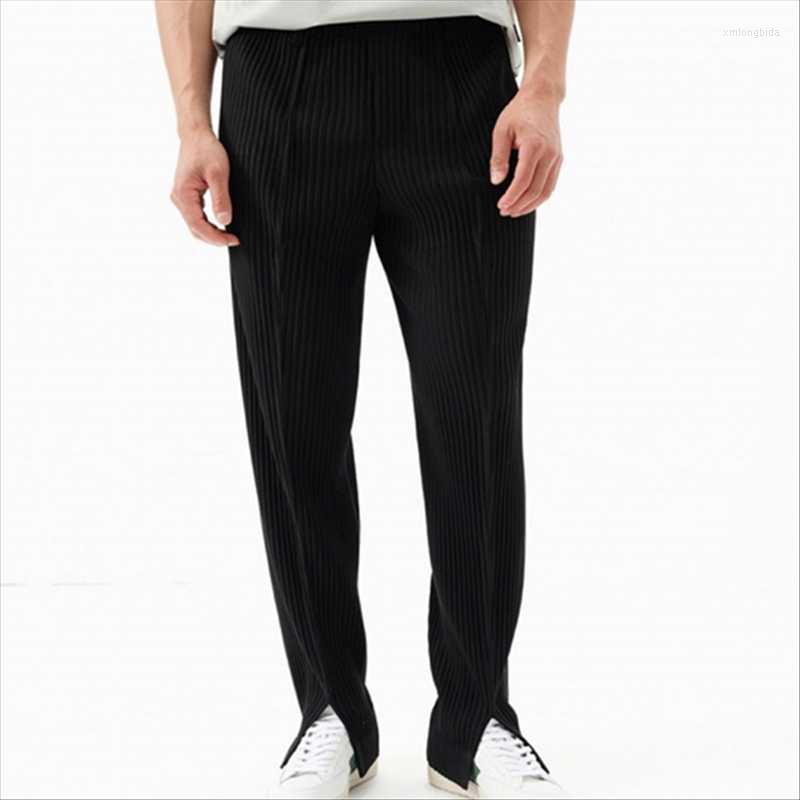 

Men' Pants High Quality Men' Black Gray Miyake Pleated Casual Trousers With Slits Fashion Men Streetwear