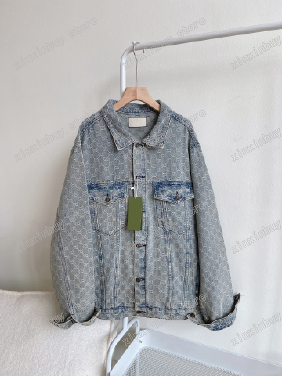 

xinxinbuy Designers Coats Jackets Men Women Jacquard letter paris Denim Lapel Neck blue Beige M-2XL, Multi