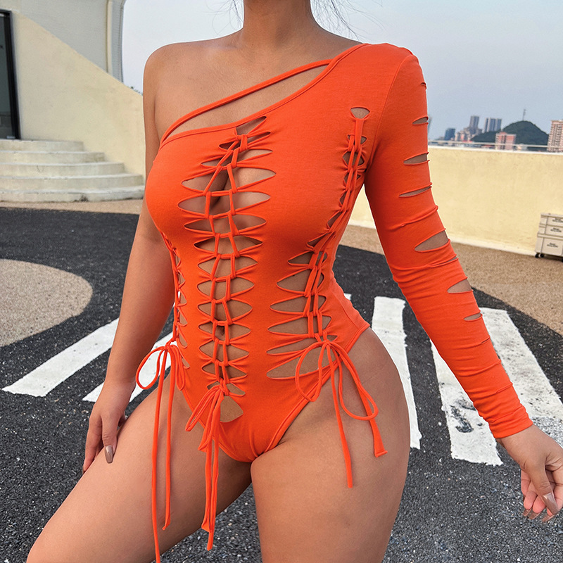 Women&#039;s Jumpsuits & Rompers Craft hollow top European and American women&#039;s autumn sexy single sleeve romper-image-795941679