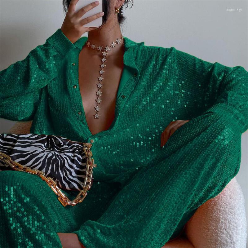Survêtements pour femmes femmes 3 pièces ensemble solide paillettes à manches longues chemise col en v soutien-gorge haut pantalon droit 2022 aut