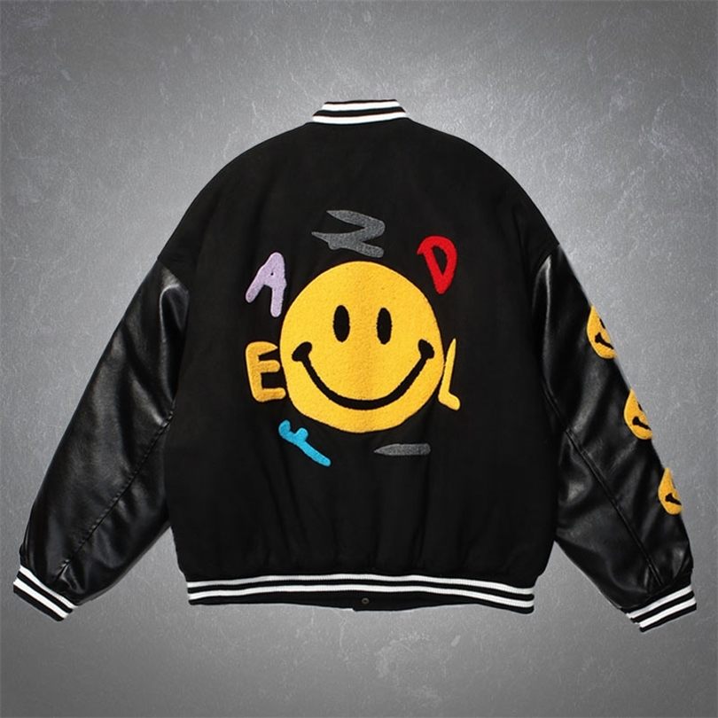 Vestes pour hommes Veste de baseball hip hop masque à fourrure smiley patchwork colore en couleurs de poche de pu