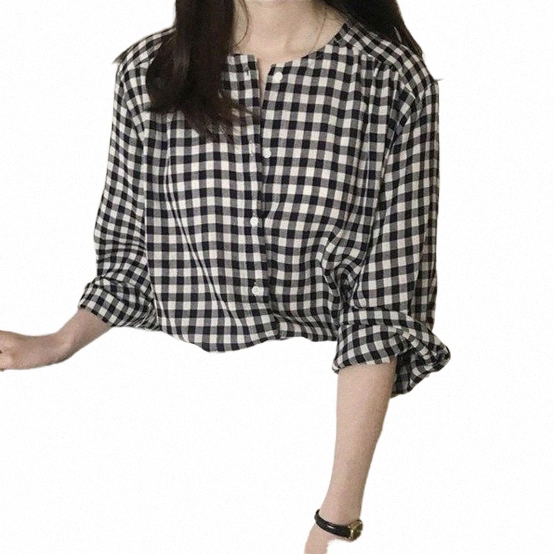 

Women's Blouses & Shirts women's Blouses & Shirts Autumn Fashion Korean Round Neck Plaid Loose Sweet Casual Long-sleeved Shirt Yellow Black MinimalismWomen's x94y#