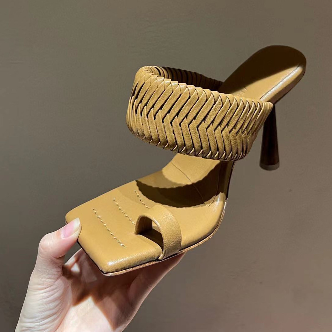 

Slides High Slippers Women Pointy Toe Mules Shoes Brand Luxury Chunky Heels White Nude Leather Summer Ladies Slippers, As pic