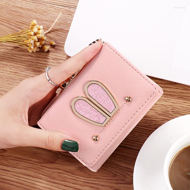 

Wallets Short Cartoon Women Three Fold Ears Hasp Coin Purses Female Pu Leather Sequins Solid Color Card Holder Clutch Bag, Black