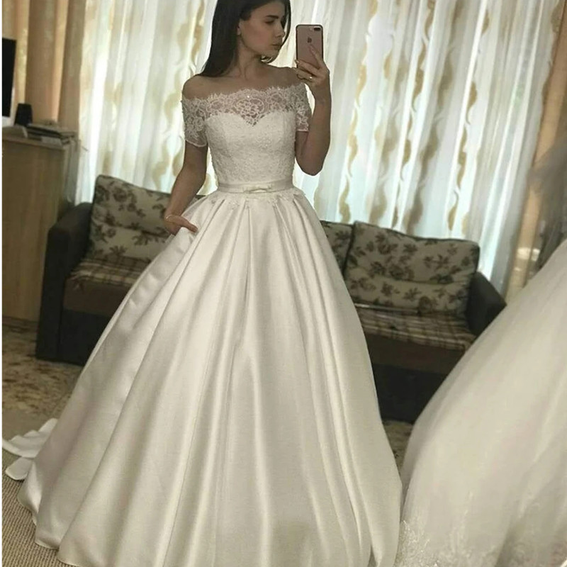 Elegant A Line Wedding Dresses 2023 Bohemian Off Shoulder Appliqued Long Summer Satin Beach Bridal Gowns