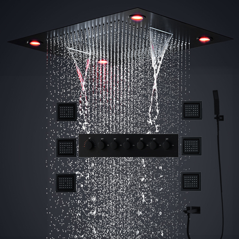 

Bathroom 24inch Thermostatic Rain Shower Set Large LED Showerhead Rainfall Waterfall Massage Misty Bath Black Faucet System With 4 Inch Body Jets