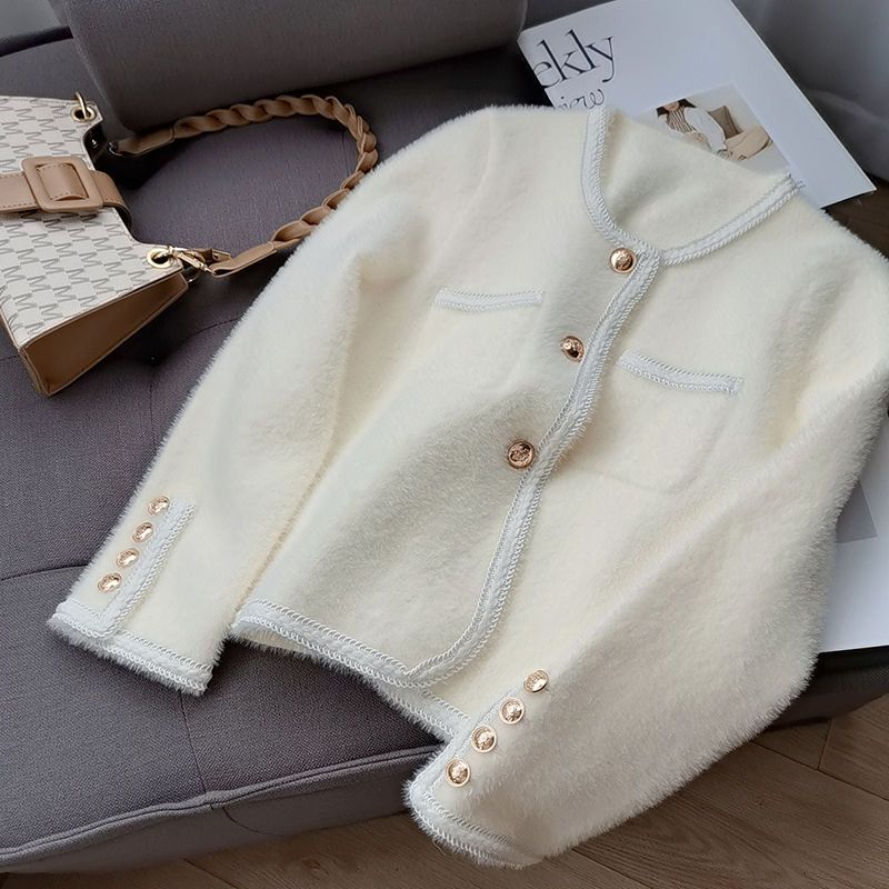 

Women' faux mohair wool knitted single breasted sweater cardigan coat solid color, White