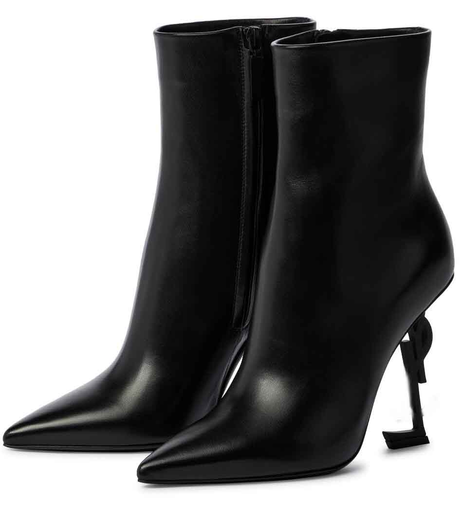 

Luxury Winter Brand Opyum Women Ankle Boots Leather White Black Letter Heels Famous Lady Pointed Toe Martin Booties Party Wedding EU35-43