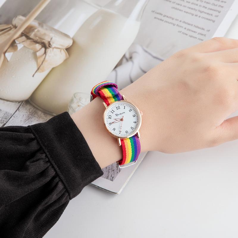 

Wristwatches ROW25 Luminous Middle School Student Watch Lady Leisure Rainbow Canvas Belt Quartz, White