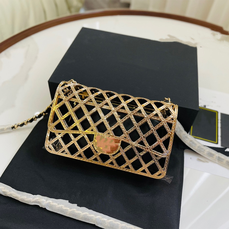 

2022 fashion dinner bag women handbag designer bags metal hollow woven bag mens wallets designers lady cross body purses chain shoulder handbags with liner, Gold