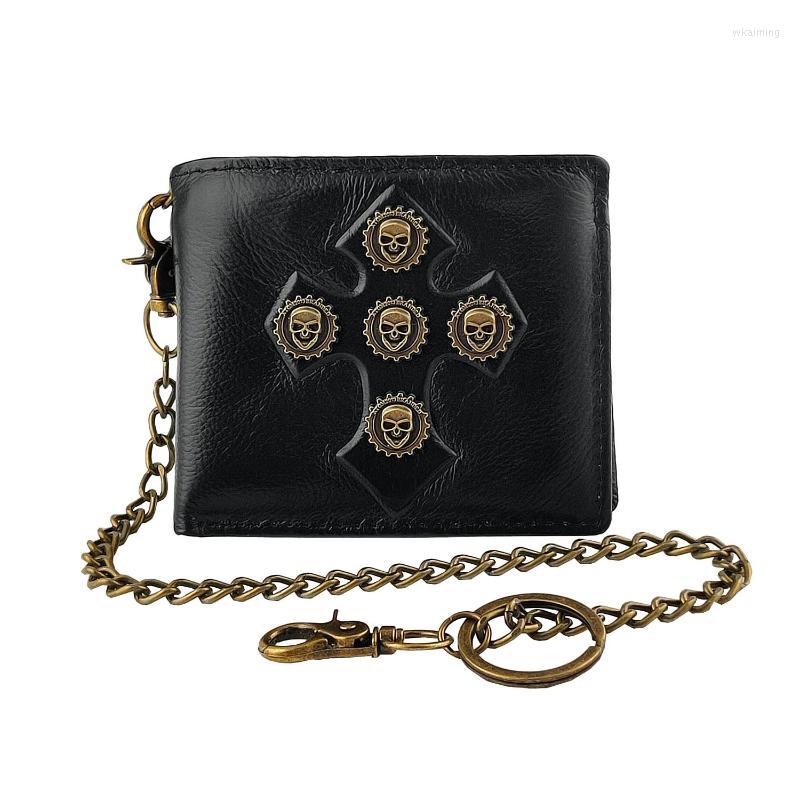 

Wallets Vintage Gothic Skull Cross Biker Steam Punk Card Holder Mens Leather Wallet With Pants Chain, Silver