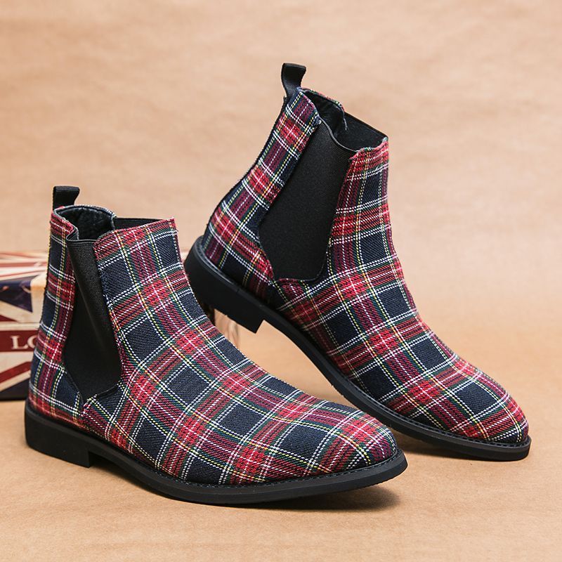 Hommes britannique Chelsea bottes rétro toile Plaid classique sans lacet mode décontracté rue fête tous les jours tout-match hommes chaussures AD