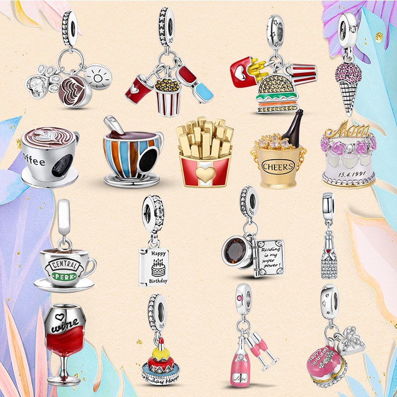 

925 Silver bead fit Charms Pandora Charm Bracelet Fries Cake Food Charms Drink Hamburger Coffee Beer charmes ciondoli DIY Fine Beads Jewelry