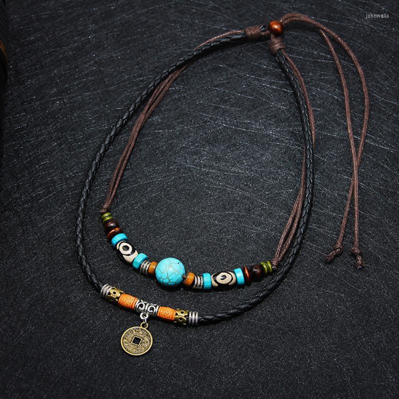 

Pendant Necklaces Men 2 Layers Leather Rope Necklace Vintage Fashion Retro Creative Coin Decor Layered Charm Wax Faux