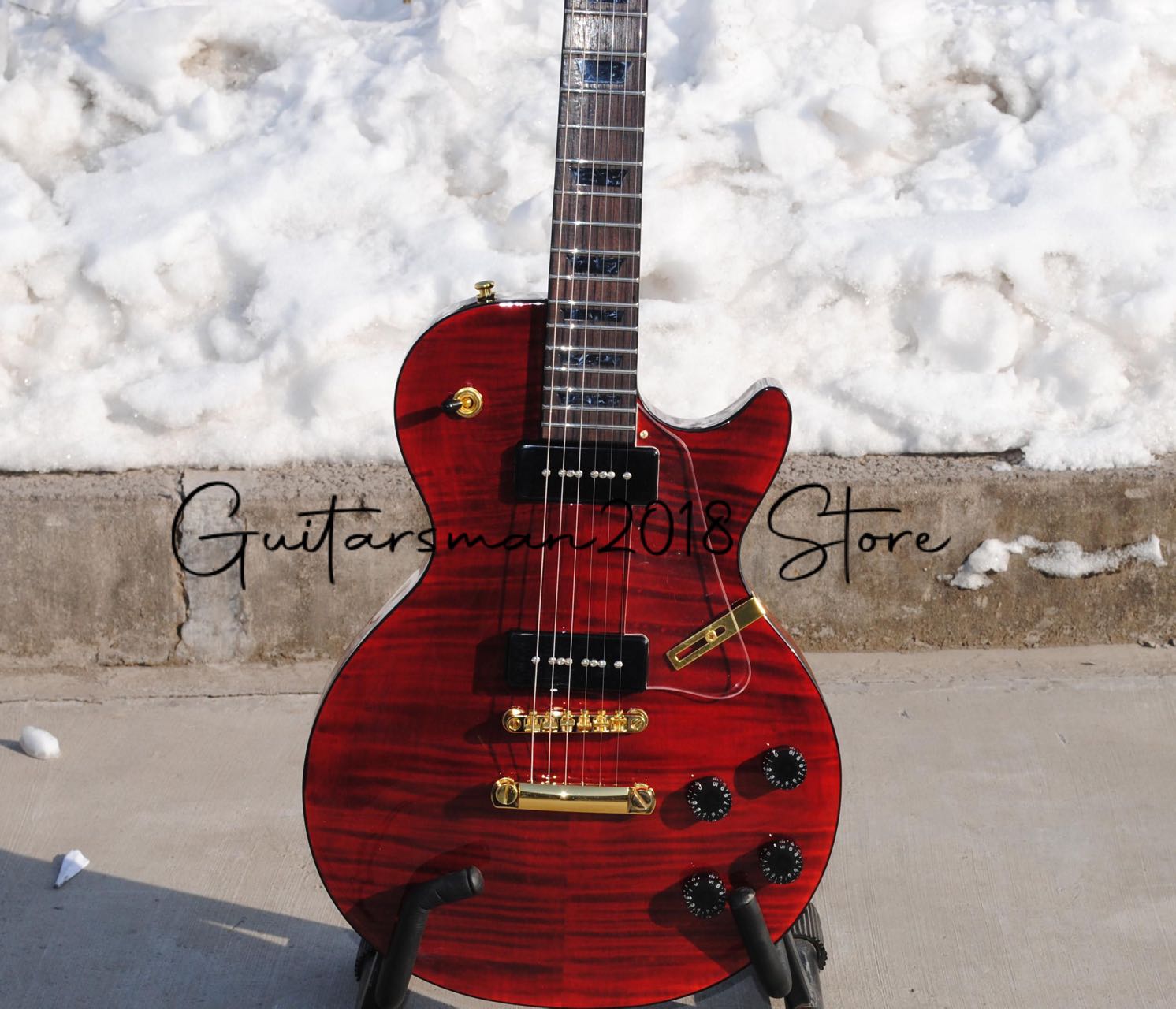 

Electric Guitar G Custom Guitar Rosewood Fingerboard Red Flamed Maple Black trapezoidal Mosaic Transparent Pickguard