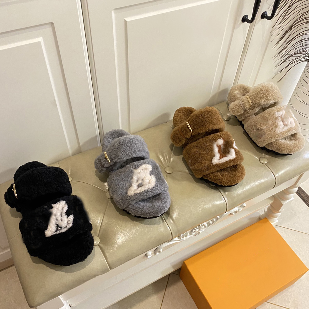 

Womens Wool Slippers Designer Slides Buckle Latch Flat Comfort Soft Sandals Mules Winter Fur Fluffy Furry Letters Casual Embroidery Slipper, Black