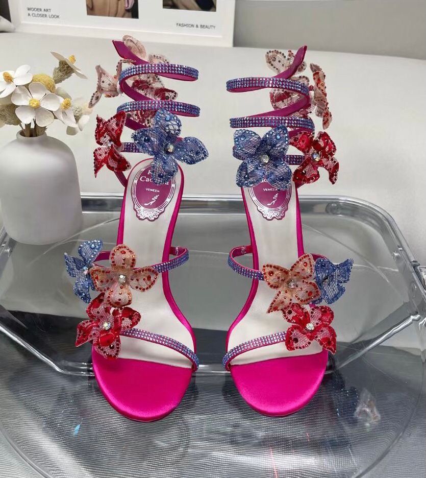 

Romantic Rene FLORIANE Sandals Shoes Women Caovillas Glitter Sole High Heels Flower Strappy Luxury Designer Lady Gladiator Sandalias, 10