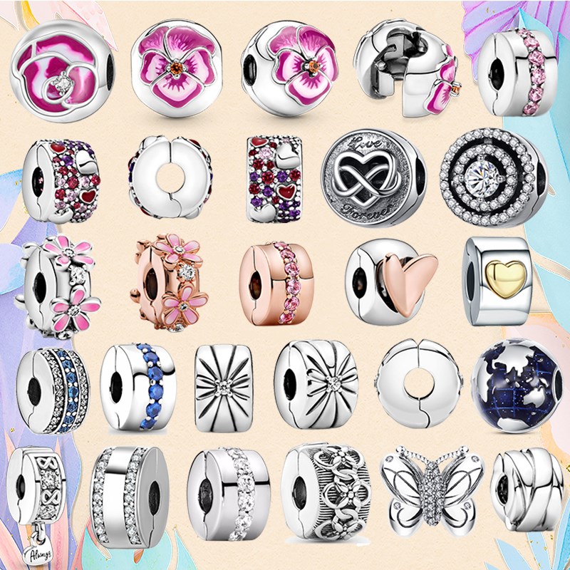 

925 Silver bead fit Charms Pandora Charm Bracelet Pink Flower Clips Charm Heart Butterfly Clip Buckle charmes ciondoli DIY Fine Beads Jewelry