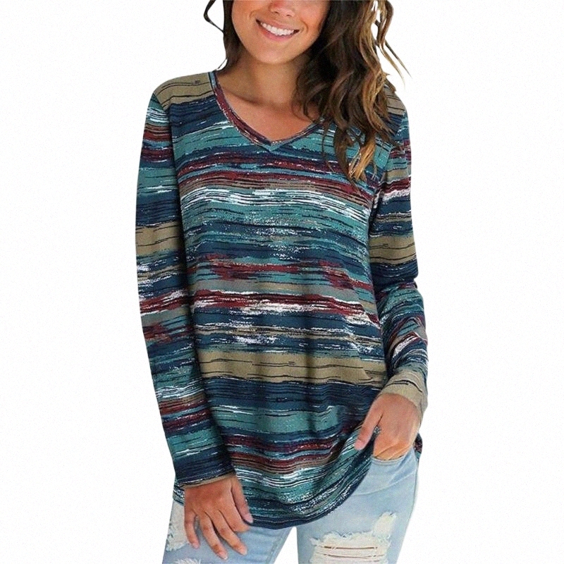 Women's Blouses & Shirts women's Blouses & Shirts Fashion Simple Top Good Elastic Anti Pilling Tunic Blouse Digital Striped Print V-nec-image-796189917