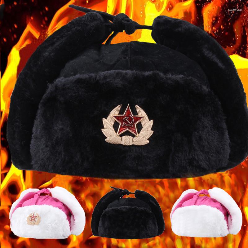 

Berets Soviet Badge Winter Warm Hats CCCP Bomber Cap Men Women Russian Gorras Chapka Thick Earmuffs Ski Bonnet Ushanka Casquette Hiver, Black