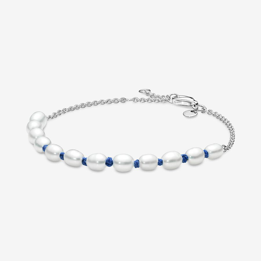 

100% Link 925 Sterling Silver Treated Freshwater Cultured Pearl Blue Cord Chain Bracelet for Women Fashion Jewelry Valentine's Day Gift