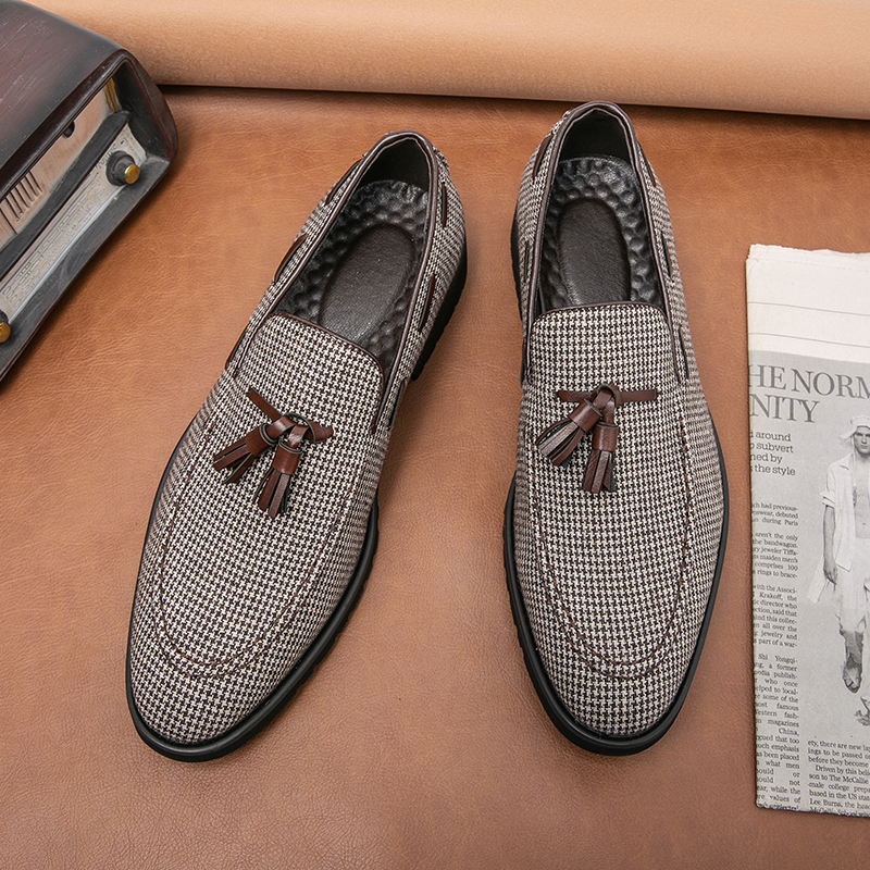 Loafers Men Shoes Houndstooth Cotton Tassel Slip-on Fashion Business Casual Daily All-match AD003