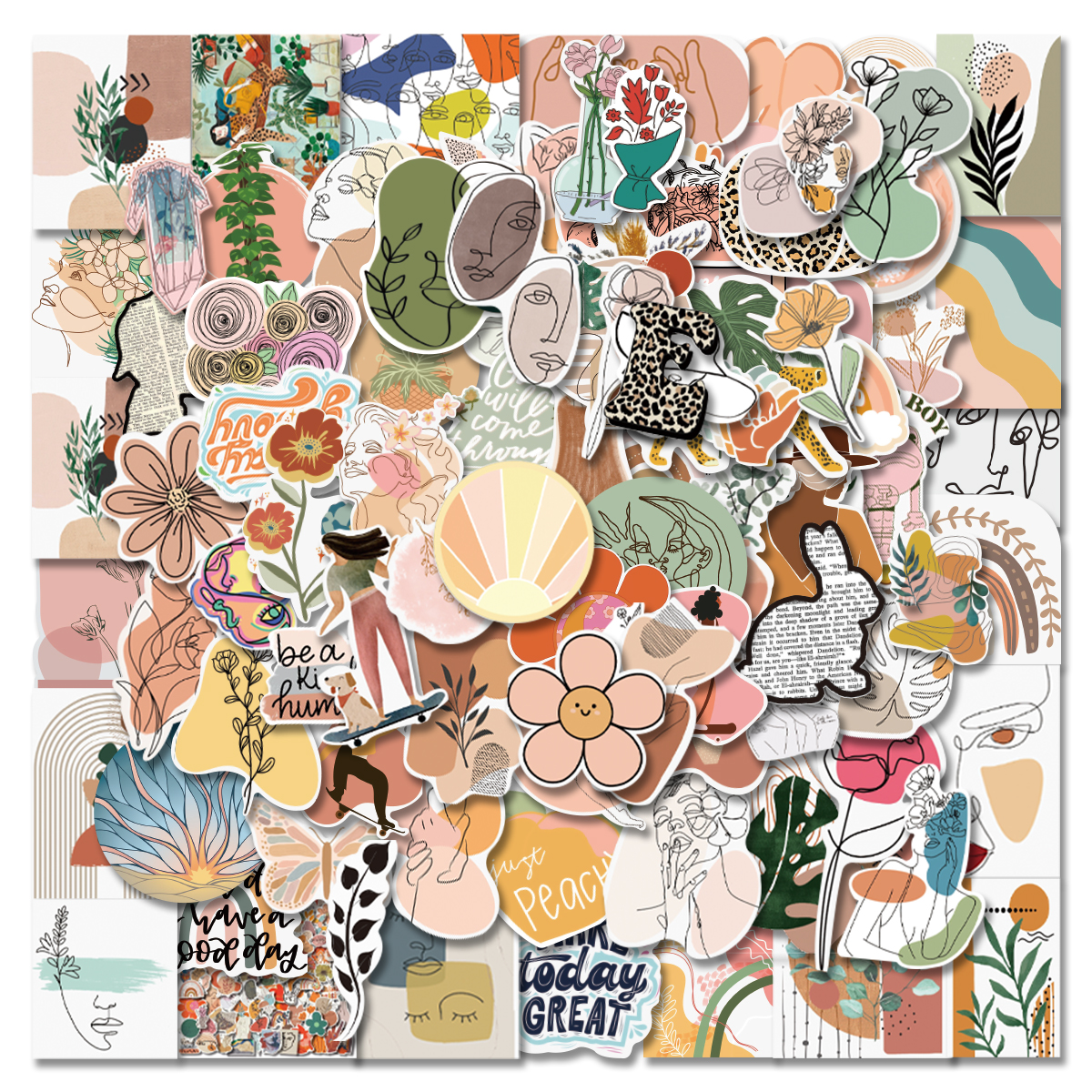 

50/100 Pieces Boho Stickers Minimalist Abstract Line Art Decor For Water Bottle And Laptop Vinyl Sticker Adults Teens, 50pcs