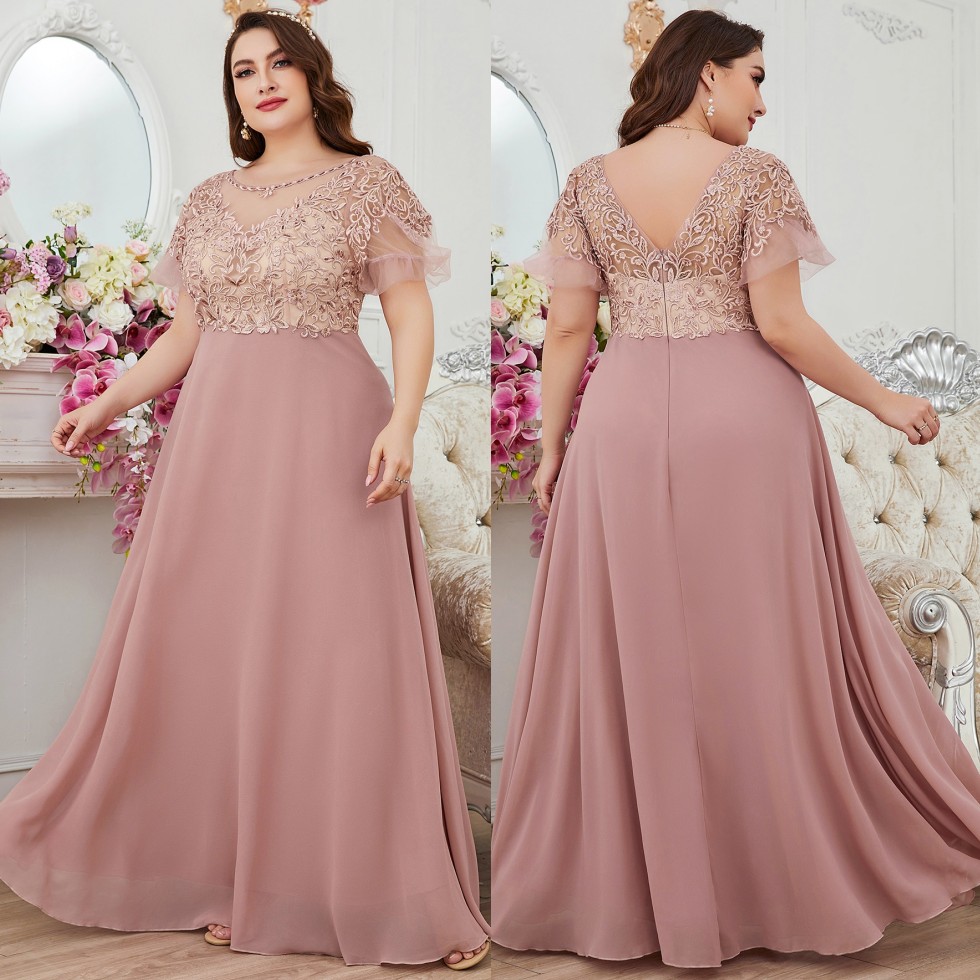 Fabulous Lace Plus Size Prom Dresses Sheer Bateau Neck Short Sleeves Evening Gowns A Line Floor Length Chiffon Special Occasion Dress-image-796632894