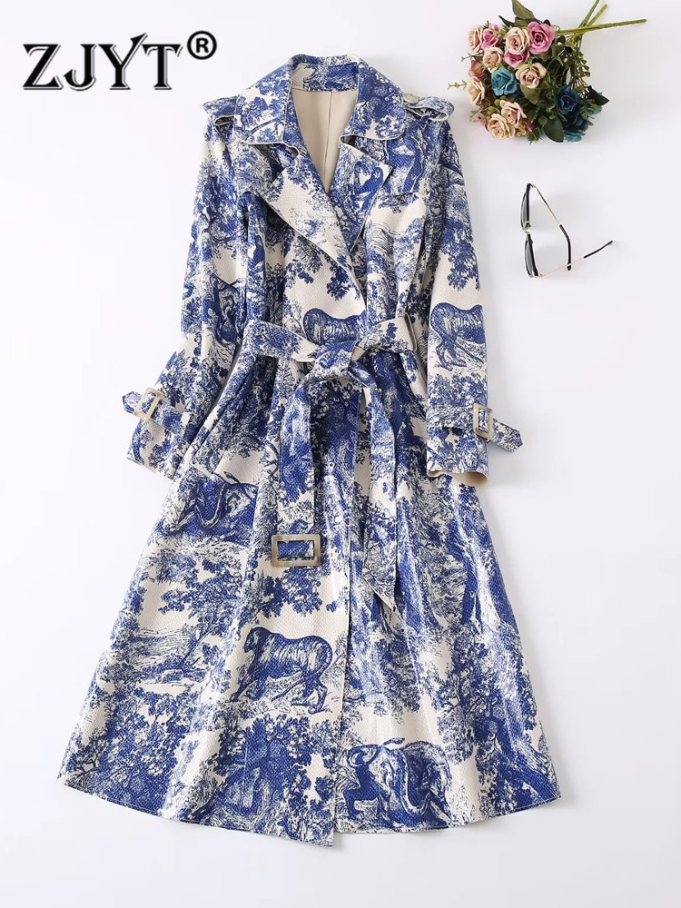 Mode piste automne hiver Trench manteau pour femmes 2022 luxe Vintage imprimé Long coupe-vent élégant veste vêtements d'extérieur bleu