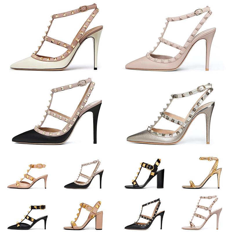 

2022 women luxury dress shoes designer high heels sandals leather rivet black peep-toes womens lady sexy fashion party wedding platform sandal 35-42, A# 9