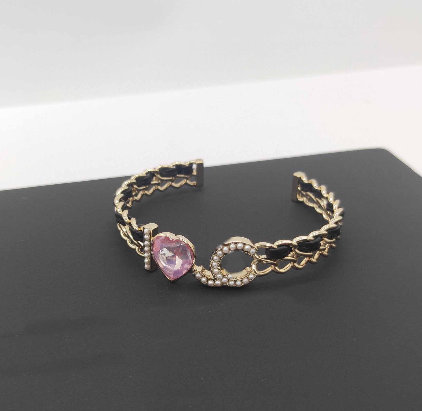 

2022 Top quality Charm Opened bracelet with black genuine leather and pink crystal beads have box stamp PS7082A